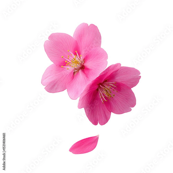 Fototapeta Two vibrant pink cherry blossoms with delicate petals and yellow stamens are beautifully displayed against plain background, evoking sense of tranquility and natural beauty