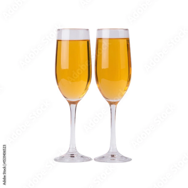 Fototapeta Two elegant wine glasses filled with golden beer stand side by side, showcasing frothy head. clear glass highlights rich color of beverage, creating refreshing and inviting appearance