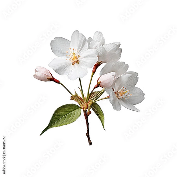 Fototapeta Delicate white cherry blossoms with green leaves on transparency background, showcasing nature beauty and elegance. soft petals and vibrant leaves create serene and peaceful image