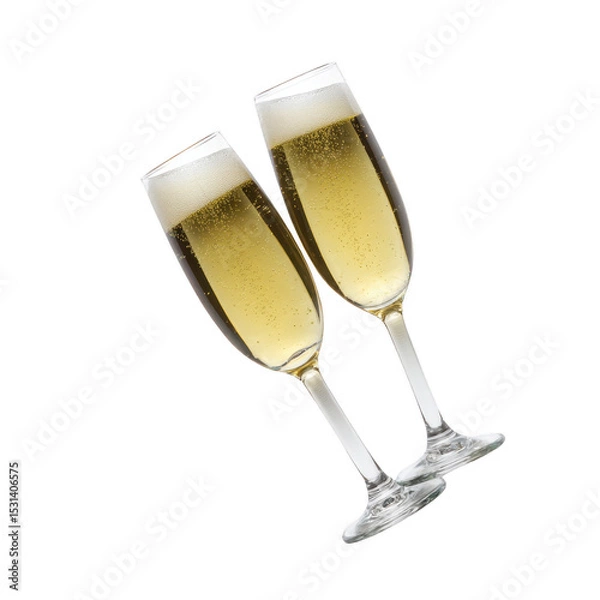Fototapeta Two champagne flutes filled with bubbly champagne are tilted together, symbolizing celebration and joy. golden liquid sparkles with bubbles, creating elegant and festive atmosphere