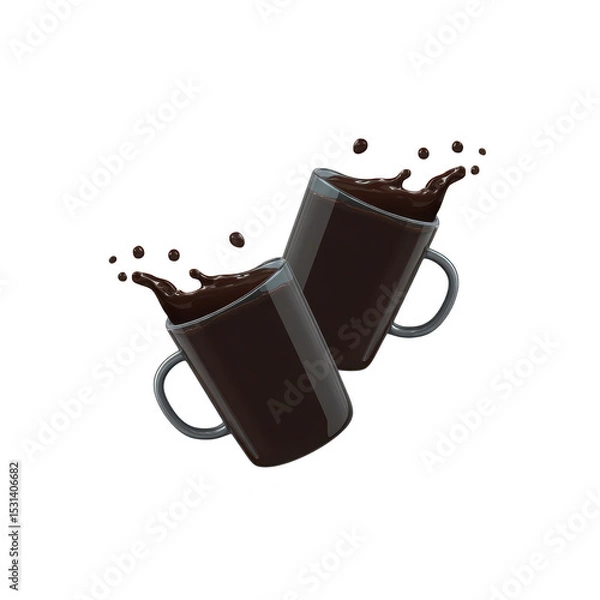 Fototapeta Two black coffee mugs with splashing liquid create dynamic and energetic scene. mugs are tilted towards each other, suggesting celebratory toast