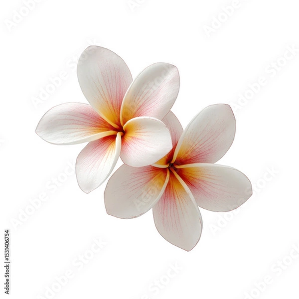 Fototapeta Two delicate plumeria flowers with white petals and pink centers are beautifully arranged against clean background, evoking sense of tranquility and elegance