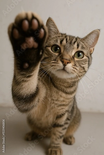 Fototapeta POV grey tabby cat touching camera with paw AI generated