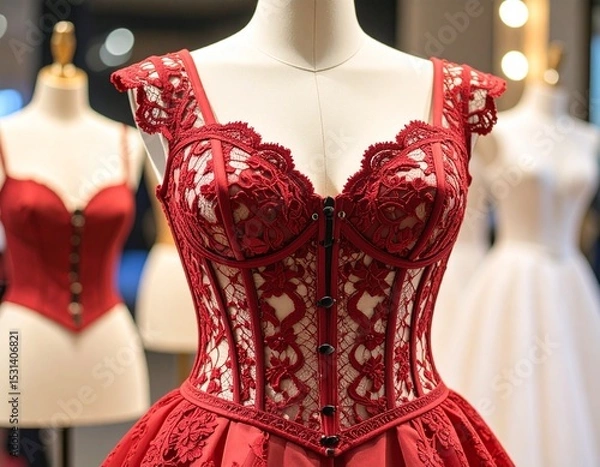 Fototapeta red lace corset on display for sale AI generated