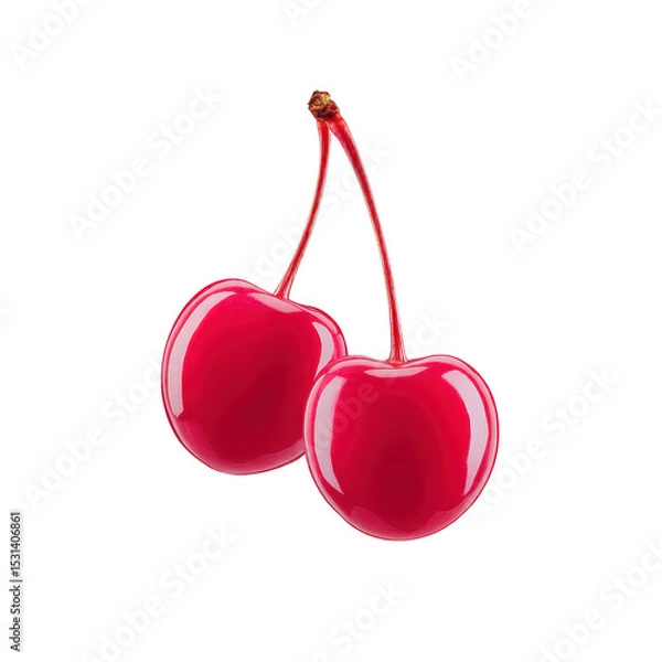 Fototapeta Two vibrant red cherries with stems are depicted against plain background, showcasing their glossy texture and fresh appearance