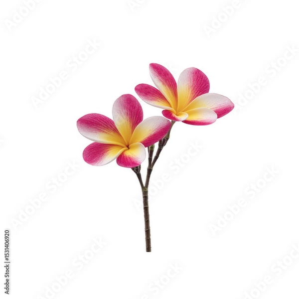 Fototapeta Two vibrant plumeria flowers with pink and yellow petals are displayed against transparency background, showcasing their tropical beauty and delicate structure
