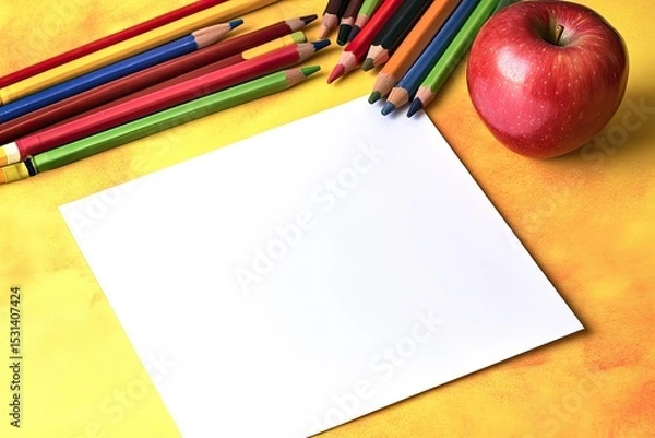 Fototapeta Blank paper surrounded by colorful art supplies and a red apple on a yellow background