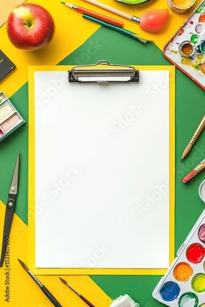 Fototapeta Blank clipboard surrounded by art supplies