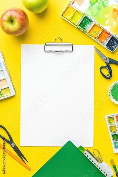 Fototapeta Blank paper centered on vibrant yellow surface, surrounded by art supplies and apples