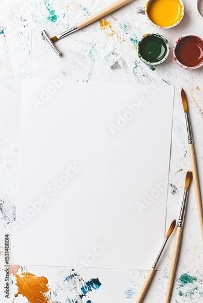 Fototapeta Blank canvas surrounded by paint splatters and brushes
