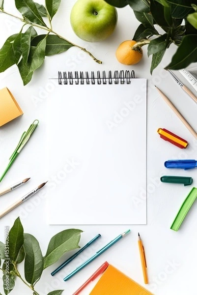 Fototapeta Fresh, vibrant art supplies arranged around a blank notebook