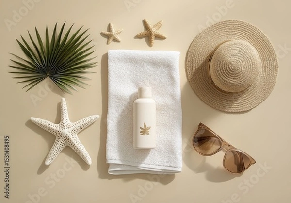 Fototapeta Summer essentials laid out on beige backdrop.  Beachy,  relaxing,  holiday prep.  Includes towel,  sun lotion,  hat,  sunglasses,  palm leaf,  sea stars