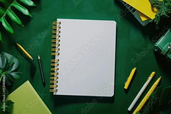 Fototapeta Blank spiral-bound notebook surrounded by vibrant green leaves and colorful school supplies on a dark green surface