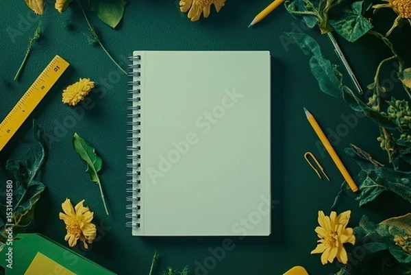 Fototapeta Flat lay of a light mint-green notebook surrounded by vibrant yellow flowers, greenery, and stationery items on a deep green background