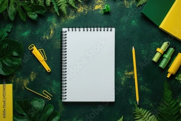 Fototapeta Flat lay of a blank spiral-bound notebook surrounded by vibrant green and yellow tropical leaves and stationery