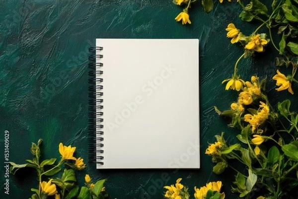 Fototapeta Blank spiral notebook surrounded by yellow flowers on a dark teal surface