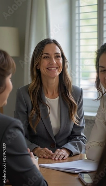 Obraz Smiling adult woman in a grey suit engaging in a professional business meeting with colleagues, collaboration concept.