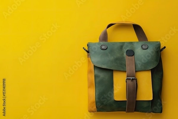 Fototapeta Colorful leather handbag on yellow background