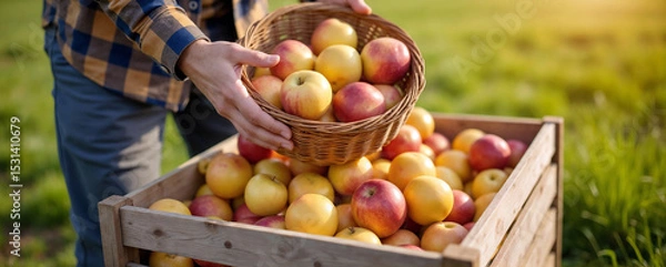 Fototapeta Man Harvesting Fresh Apples into Basket and crate showcasing the agricultural process during apple season