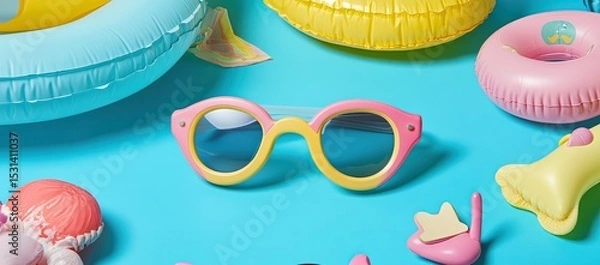 Fototapeta Pastel-colored summer accessories on a bright blue surface.  Round sunglasses, inflatable rings, and other playful items create a summery scene