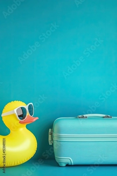 Fototapeta A teal-colored background with a yellow rubber duck wearing sunglasses and a teal suitcase