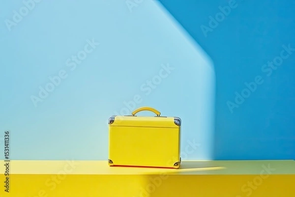 Fototapeta Yellow suitcase on a yellow platform against a light blue background