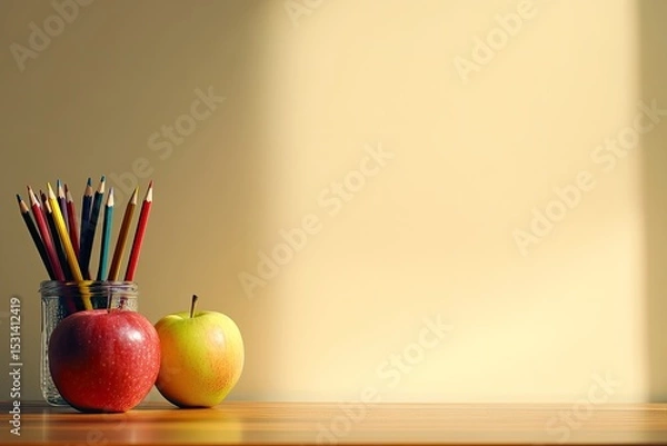 Fototapeta Colorful pencils and apples on a table.  Sunlight highlights the space