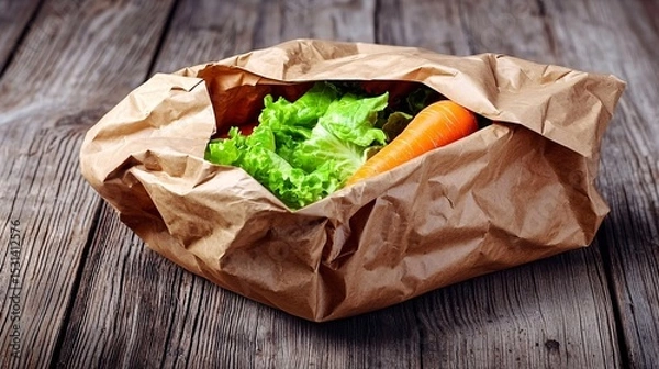 Fototapeta wrinkled brown paper shopping bag with handles, slightly crumpled, sitting on a wooden table. Inside, fresh vegetables like carrots and lettuce peek out, suggesting a recent grocery trip. Natural 