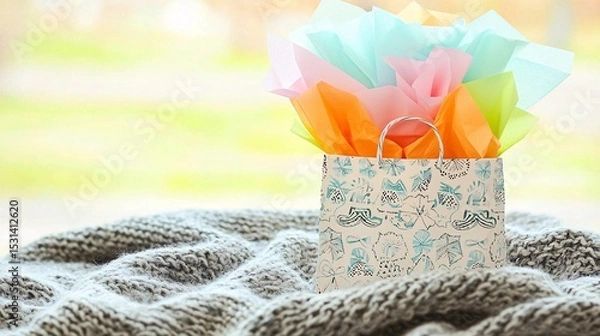 Fototapeta small paper gift bag with a decorative pattern, placed on a cozy knitted blanket. Tissue paper bursts from the top in pastel colors, suggesting a present. Warm indoor lighting. gift bag, paper, 