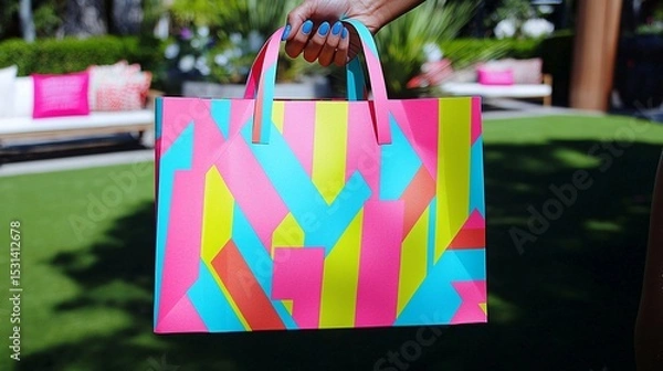 Fototapeta paper shopping bag with a bold geometric print, held by a person with manicured nails. The background is blurred, emphasizing the bag’s design. Bright, vibrant colors stand out. geometric print, 