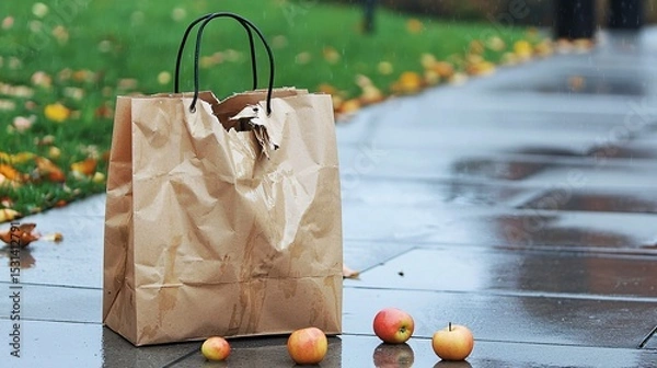 Fototapeta torn paper shopping bag on a sidewalk, with a few fallen apples nearby. Urban setting with slight rain puddles, moody lighting. Symbolizes waste or accidental drop. torn paper bag, shopping, 