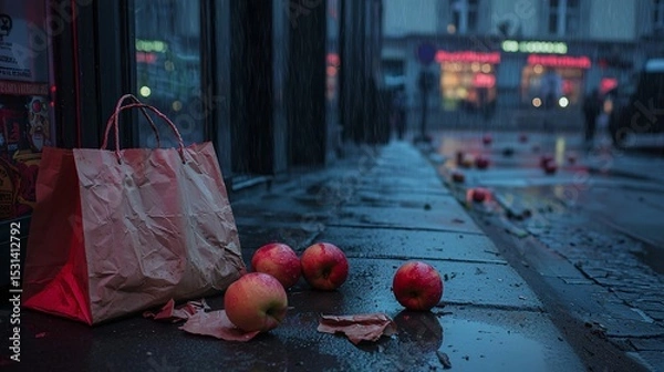 Fototapeta torn paper shopping bag on a sidewalk, with a few fallen apples nearby. Urban setting with slight rain puddles, moody lighting. Symbolizes waste or accidental drop. torn paper bag, shopping, 