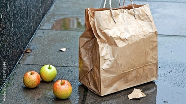 Fototapeta torn paper shopping bag on a sidewalk, with a few fallen apples nearby. Urban setting with slight rain puddles, moody lighting. Symbolizes waste or accidental drop. torn paper bag, shopping, 