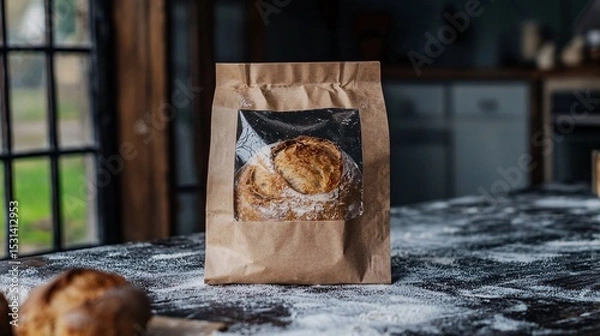 Fototapeta transparent windowed paper bag revealing a freshly baked baguette inside. Placed on a rustic kitchen counter with flour dusting. Warm, inviting feel. transparent window, paper bag, baguette, 