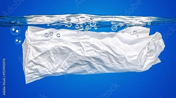 Fototapeta paper shopping bag submerged in clear water, floating slightly with air bubbles. Surreal, artistic composition with a dreamlike quality. submerged, paper bag, water, floating, air bubbles, surreal, 