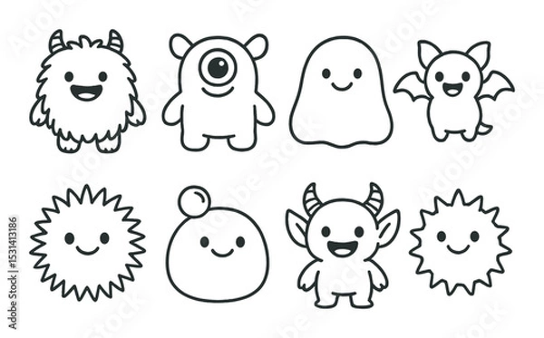 Obraz Cute monster set. cartoon mythical creatures flat style. cyclops, ghost, bat, devil vector icons.