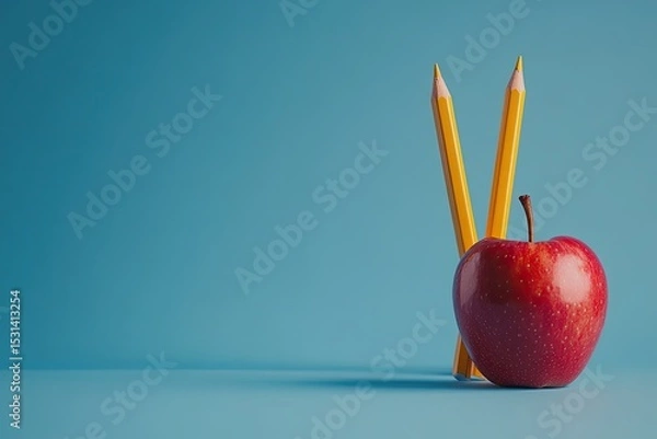 Fototapeta Two yellow pencils and a red apple on a light teal background
