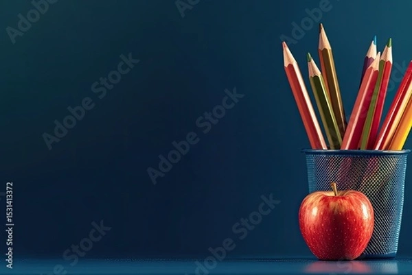 Fototapeta Colorful pencils in a mesh container beside a red apple against a dark navy backdrop