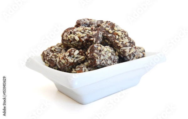 Obraz Almond butter chocolate bar candy isolated in bowl on white