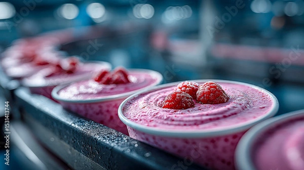 Obraz Raspberry yogurt in plastic cups on a production line, topped with fresh raspberries and captured in vivid detail