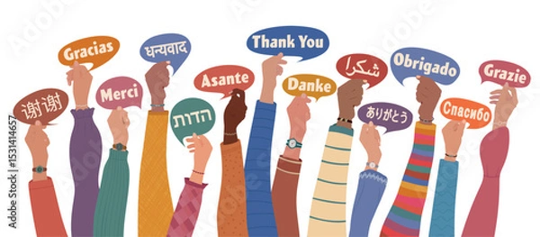 Fototapeta Raised hands of multicultural people from different nations and continents holding speech bubbles with text THANK YOU in various international languages
