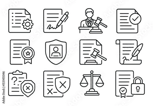 Fototapeta Legal document set. justice and law linear icons. contract, gavel, scale, shield vector icons.