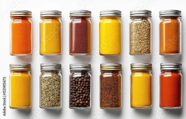 Fototapeta Colorful spice collection jars arranged minimalist to showcase culinary vibrancy and diversity