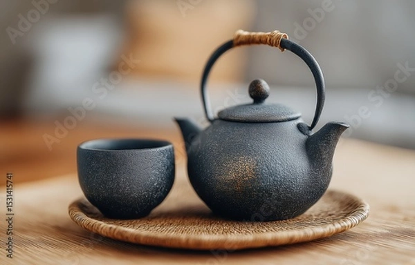 Fototapeta Minimalist tea ceremony setup showcasing tranquility and cultural practices in a serene environment