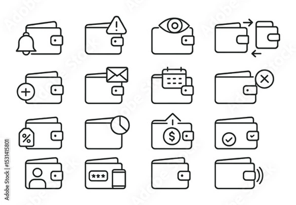 Fototapeta Wallet icon set. financial, flat style wallets: money, card, secure, payment, vector icons.