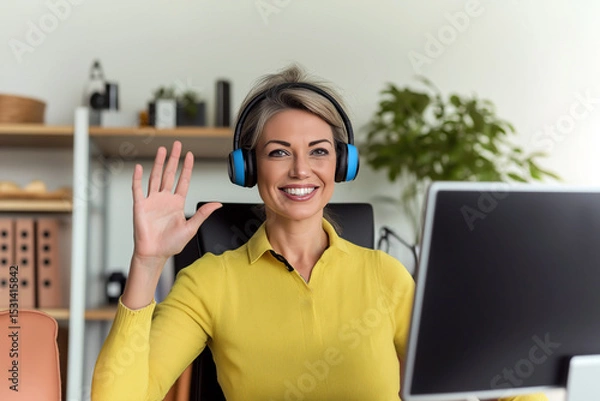 Fototapeta Mature woman smiling while waving during a casual video call at home office with headphones and computer