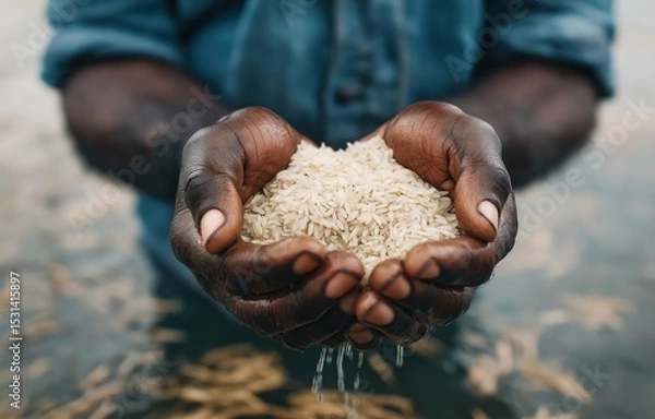 Fototapeta Close-up view of hands delicately washing rice in clear water, highlighting the process of preparation in a calm, serene environment