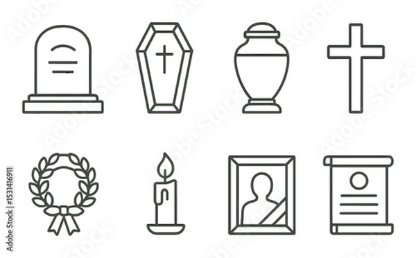 Fototapeta Memorial icons set. funeral, grave, candle, urn, cross, wreath, scroll, frame linear vector icons