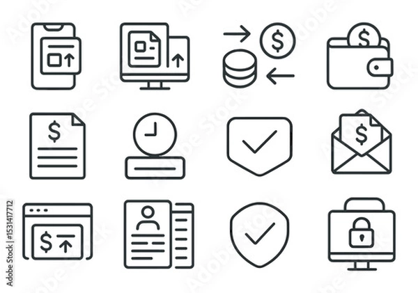 Fototapeta Finance icon set. money and banking linear icons. wallet, receipt, security, coin vector icons.