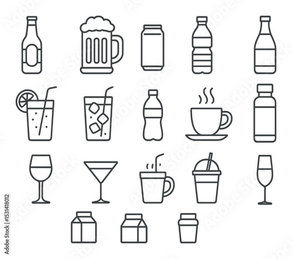 Fototapeta Beverage icon set. drink, cup, bottle, glass, soda, coffee, linear vector icons.